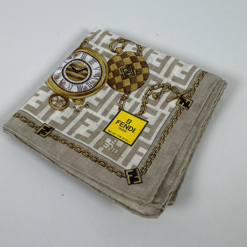 FENDI Vintage Zucca Monogram Cotton Scarf Handkerchief with Pocket Watch Motif